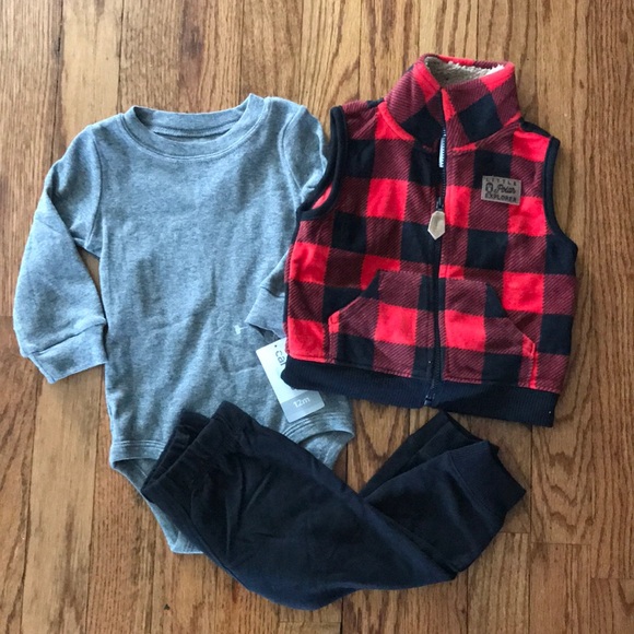 Carters Baby Boy Bodysuit Pant three piece set outfit red plaid 12 months NWT